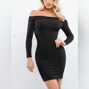 POPILUSH Shapewear Dress Off Shoulder Long Sleeve Midi - Holiday Red